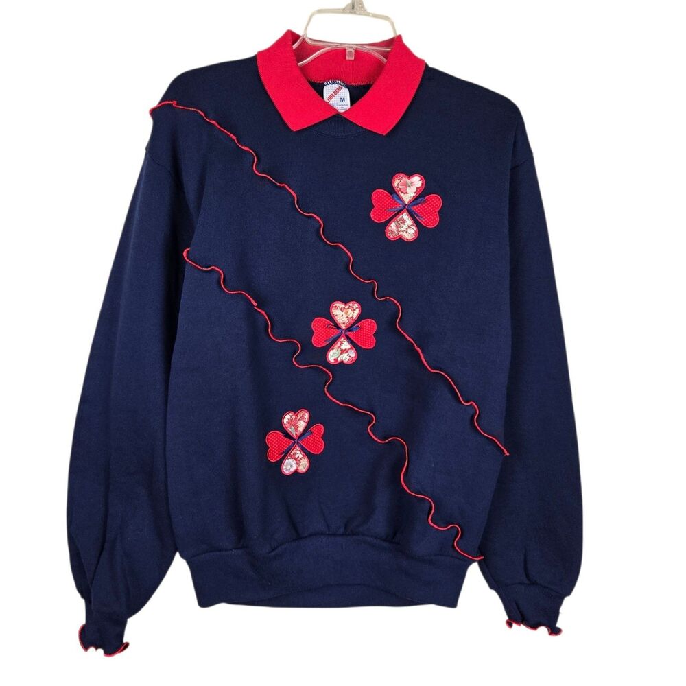 Vintage Jerzees Sweatshirt Sz M Collared Blue Applique Hearts Red Blue Coquette